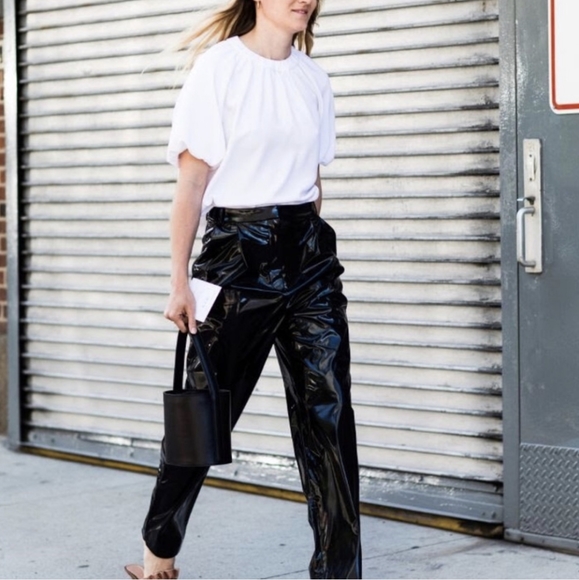 WHO WHAT WEAR Black High Tie Waist Textured Vinyl Straight Trouser Pants - 8 - Picture 2 of 16